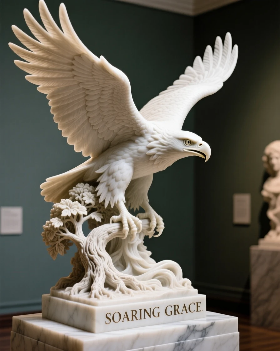 A striking close-up of a soaring eagle, full of life and grace, beneath a canopy of ancient trees
