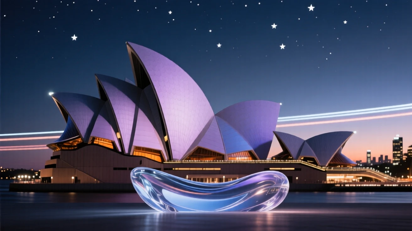 The Sydney Opera House at dusk under a starry night sky, long soft light trails in the distance, composition emphasizing scale and grandeur.