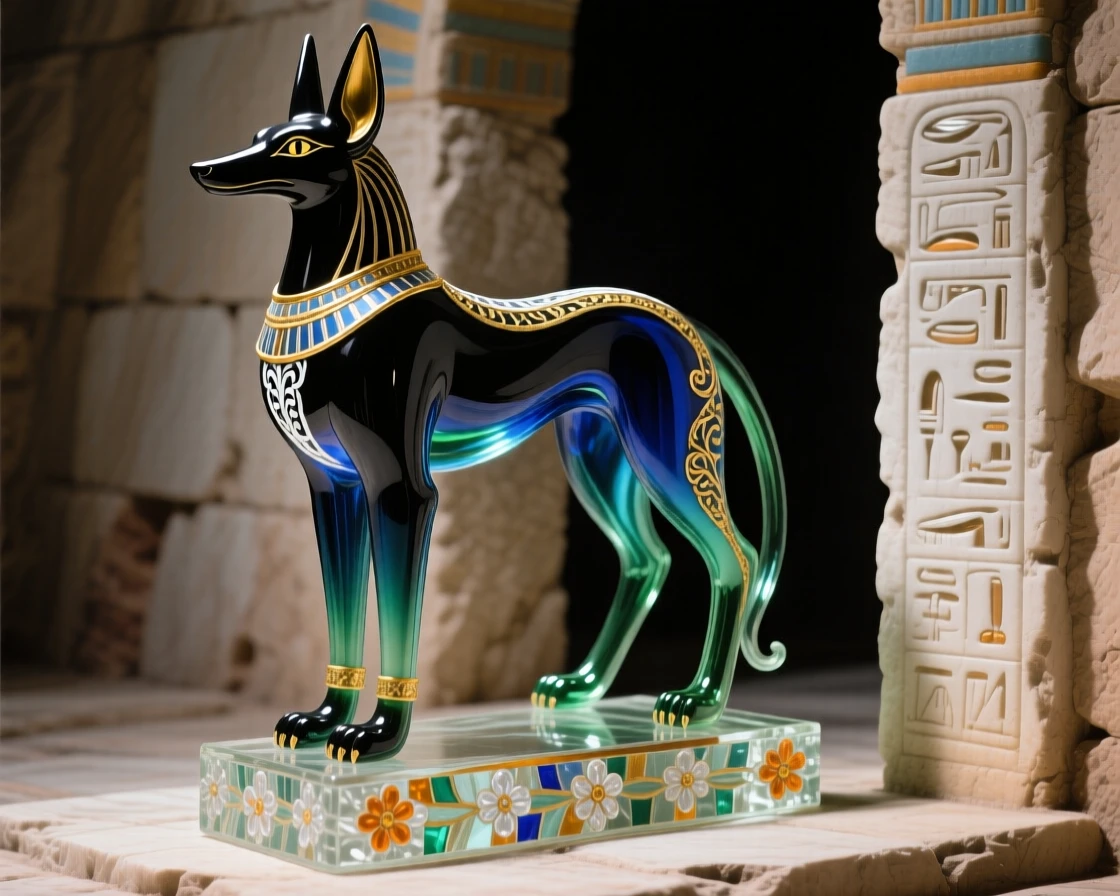 Anubis standing guard at the threshold of an ancient tomb, solemn and mysterious.