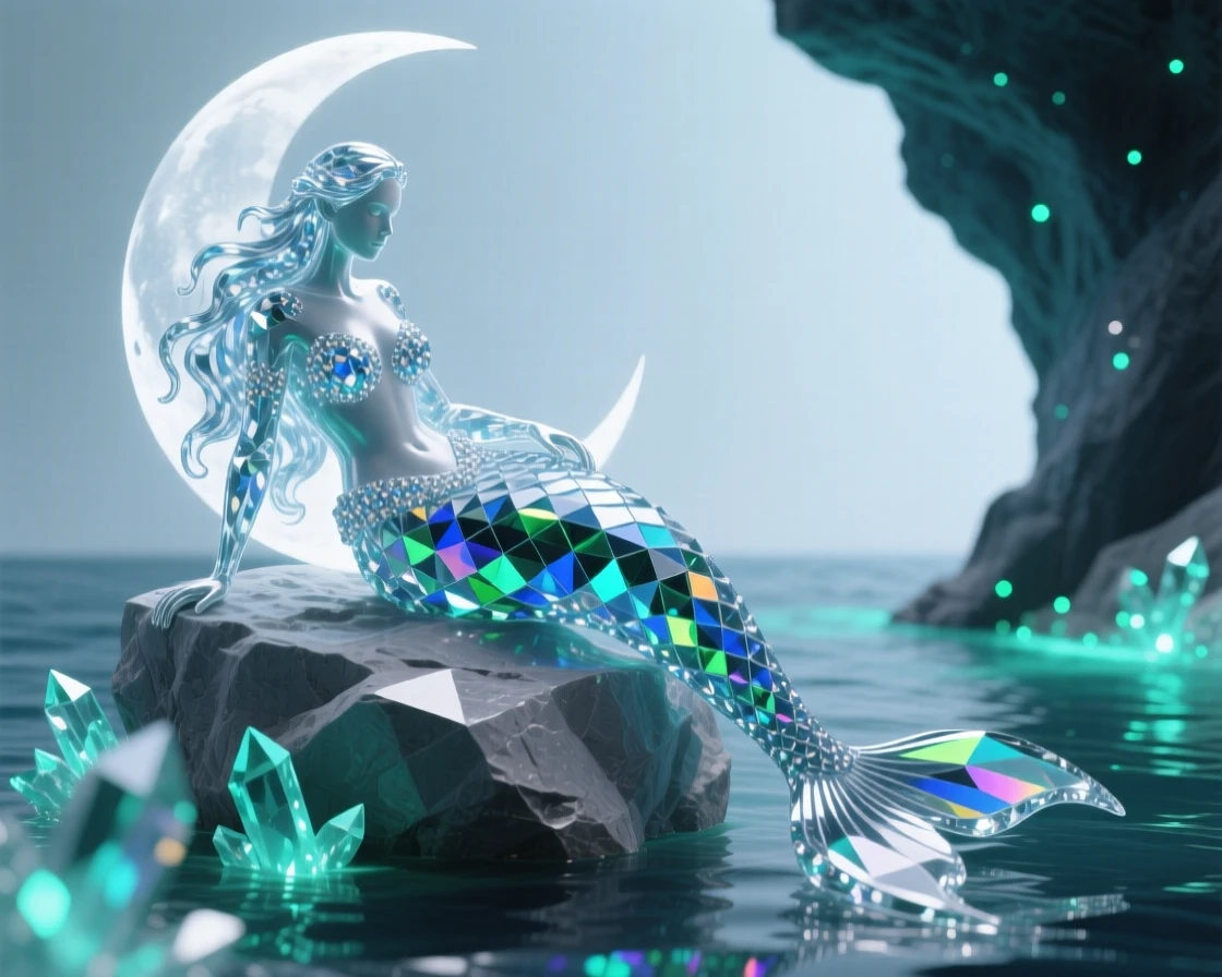 A mermaid resting on a moonlit rock at the edge of a bioluminescent sea cave.