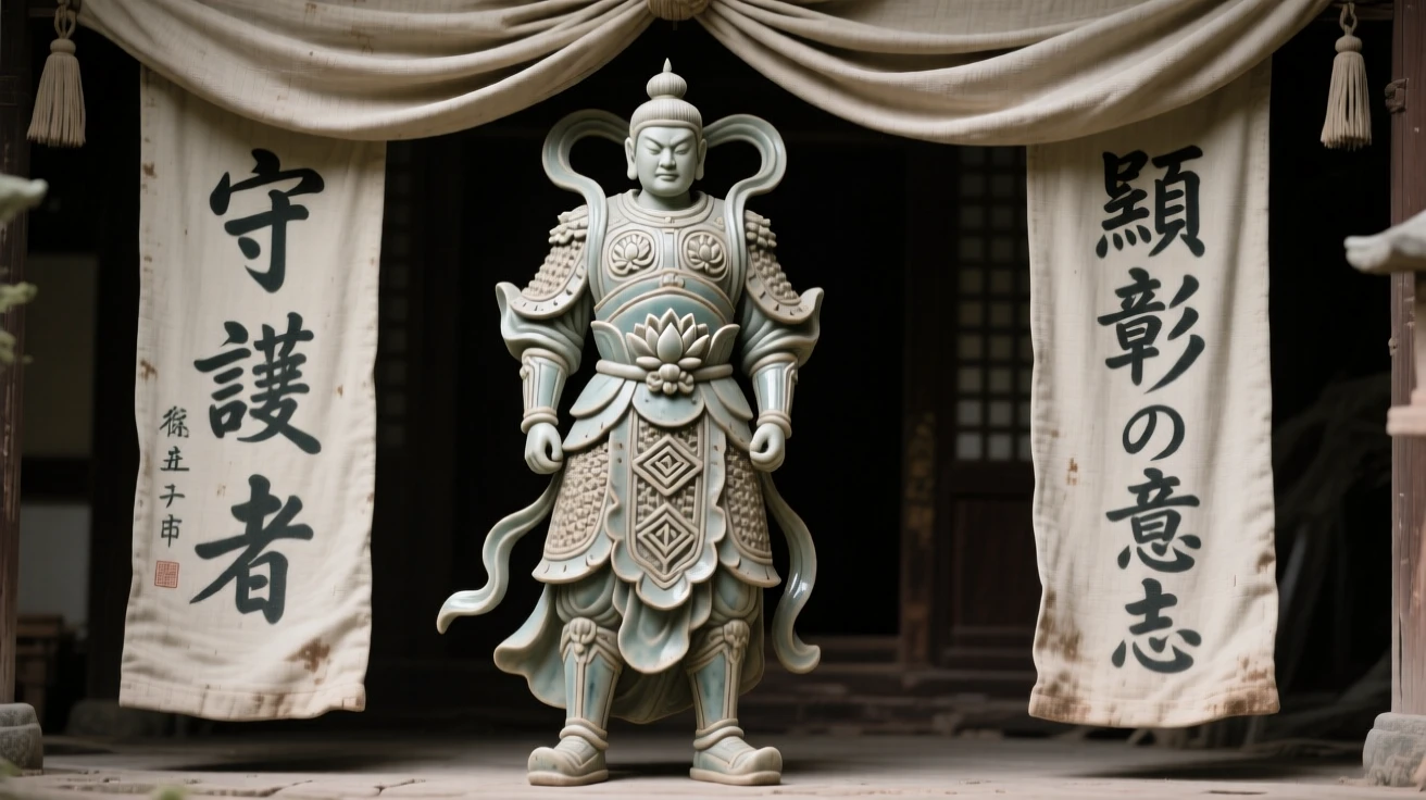 A temple guardian statue standing watch posed regally beneath draping banners, bearing markings of rank and honor, capturing the weight of history in a single gaze.