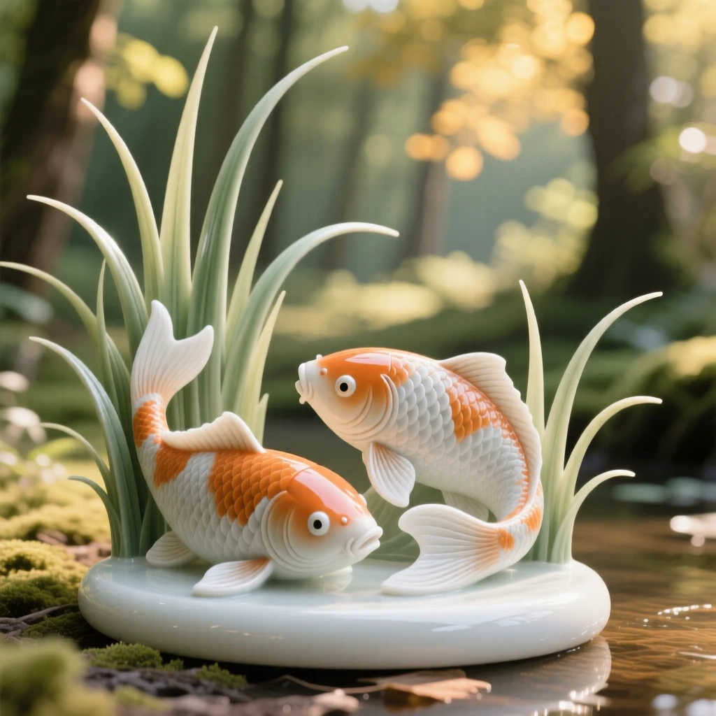 A pair of koi fish resting side by side in tall grass beside a sunlit forest clearing.