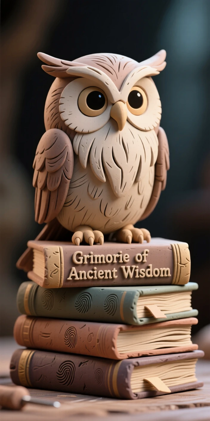 A wise old wizard's owl familiar perched on a stack of spellbooks