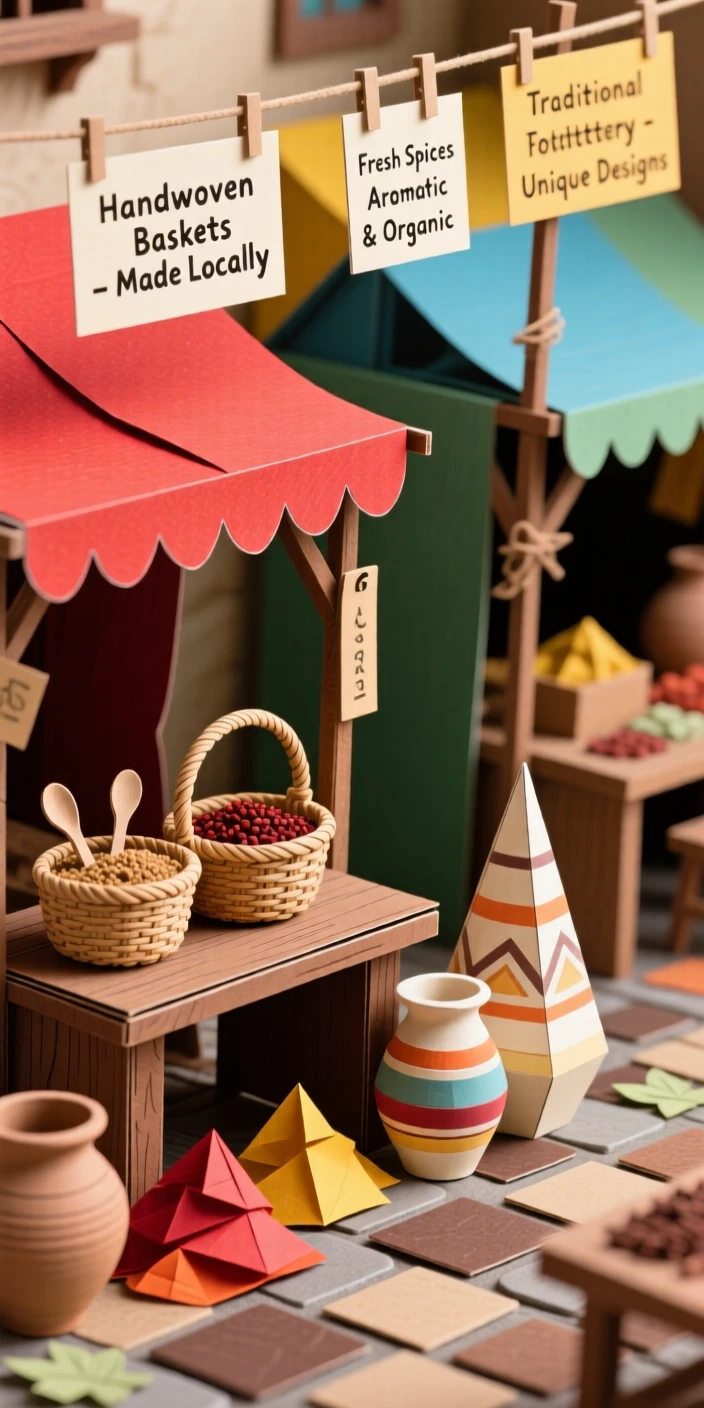 A bustling traditional market with vendors selling handwoven baskets, spices, and pottery beneath colorful awnings, evoking vibrant cultural commerce.