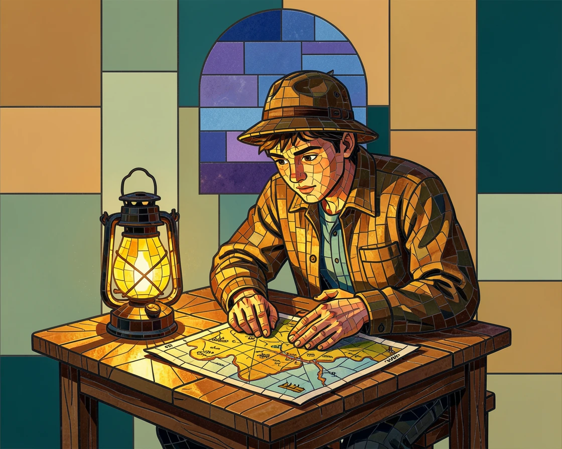 A young explorer studying an old map by lantern light.