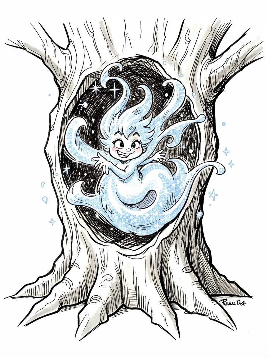 A snow spirit made of glittering frost inside a hollowed-out giant tree.