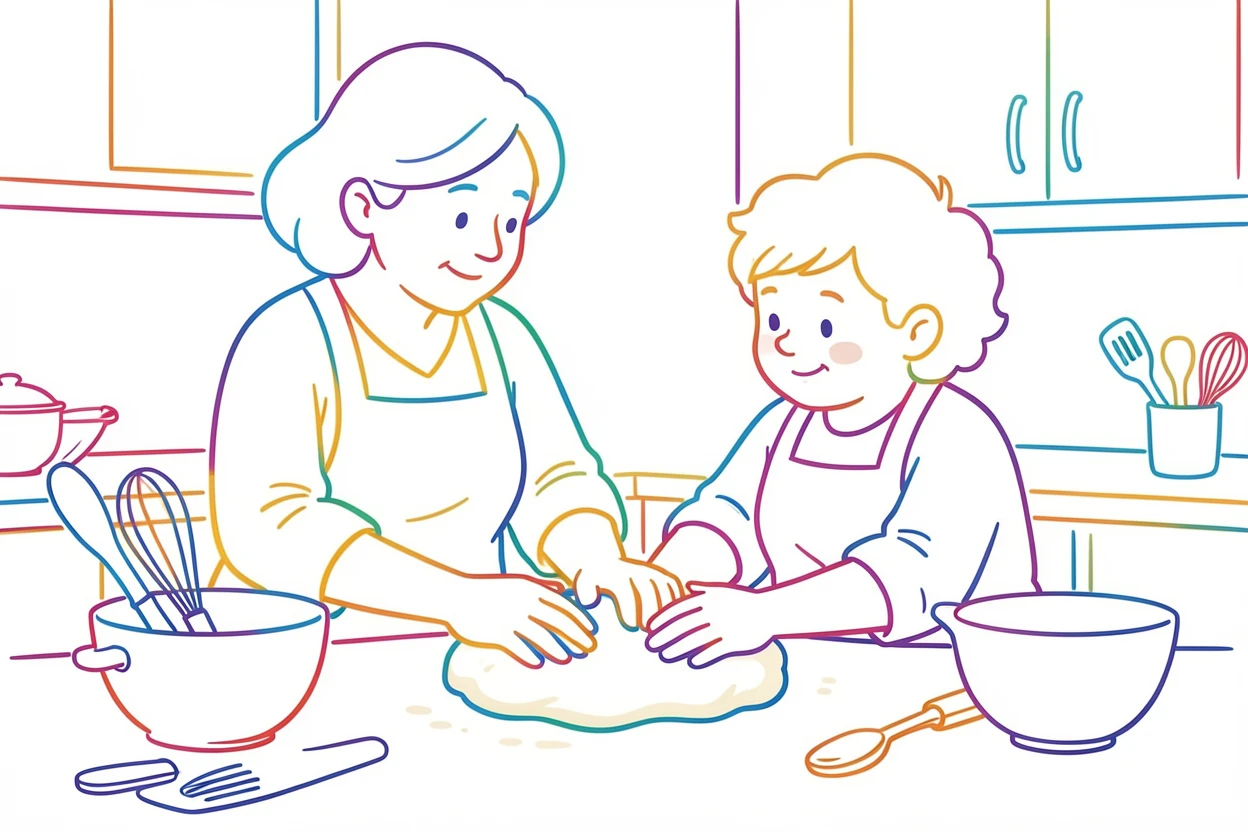 A grandmother teaching her grandchild how to knead bread dough in the kitchen.