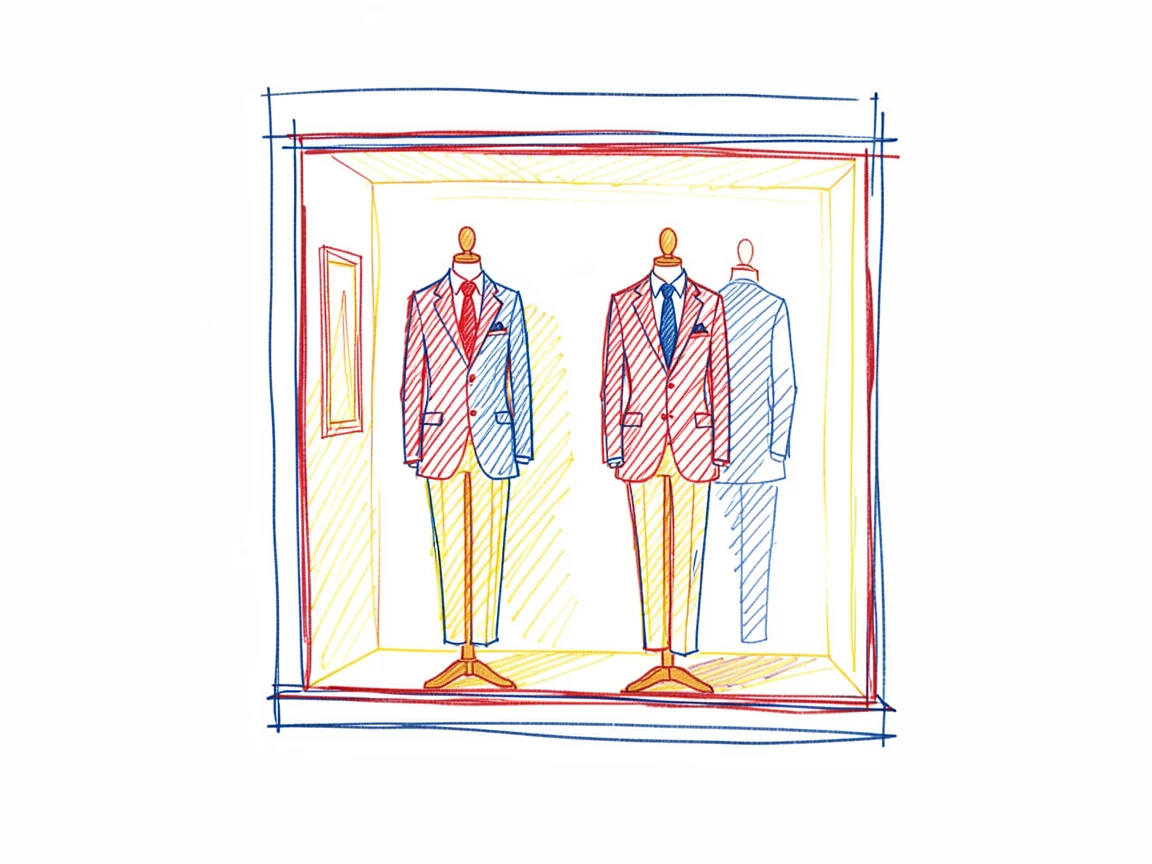 A tailor's shop window displaying handmade suits on wooden mannequins
