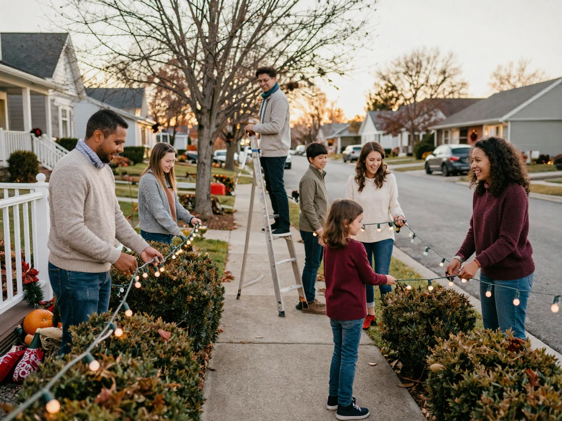 A group of neighbors strings the first holiday lights of the season along a quiet street.