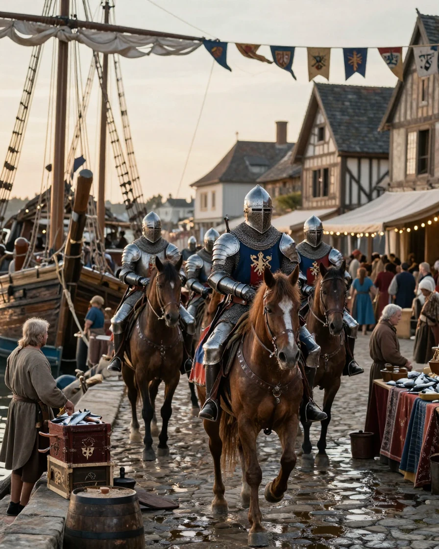 A band of medieval knights arriving at a bustling ancient harbor