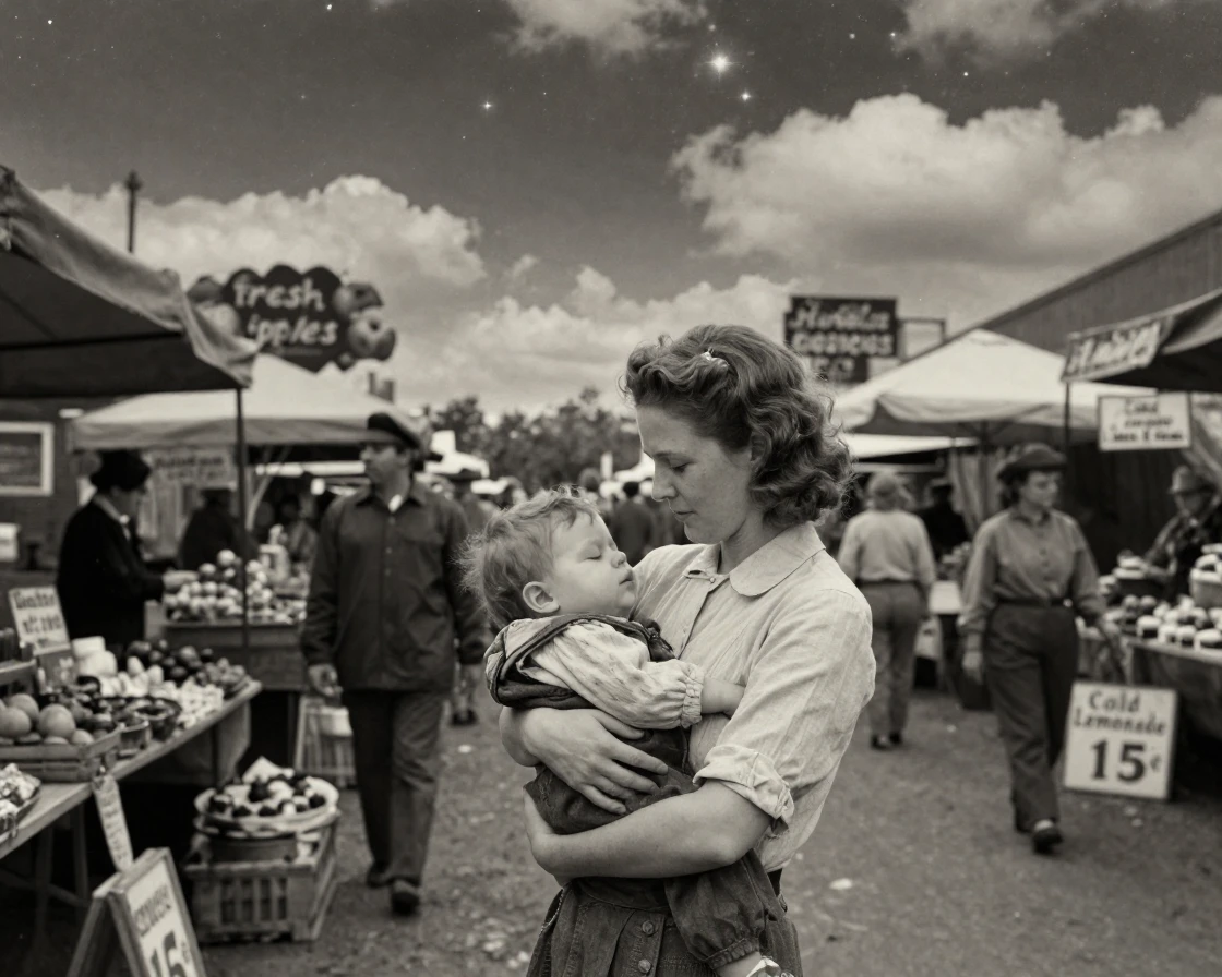 A mother carrying a sleeping toddler through a crowded street market, under a canopy of stars, under scattered clouds, in the mild days of early autumn, with stark black-and-white contrast softened by a single warm hue, at eye level, intimate and direct.