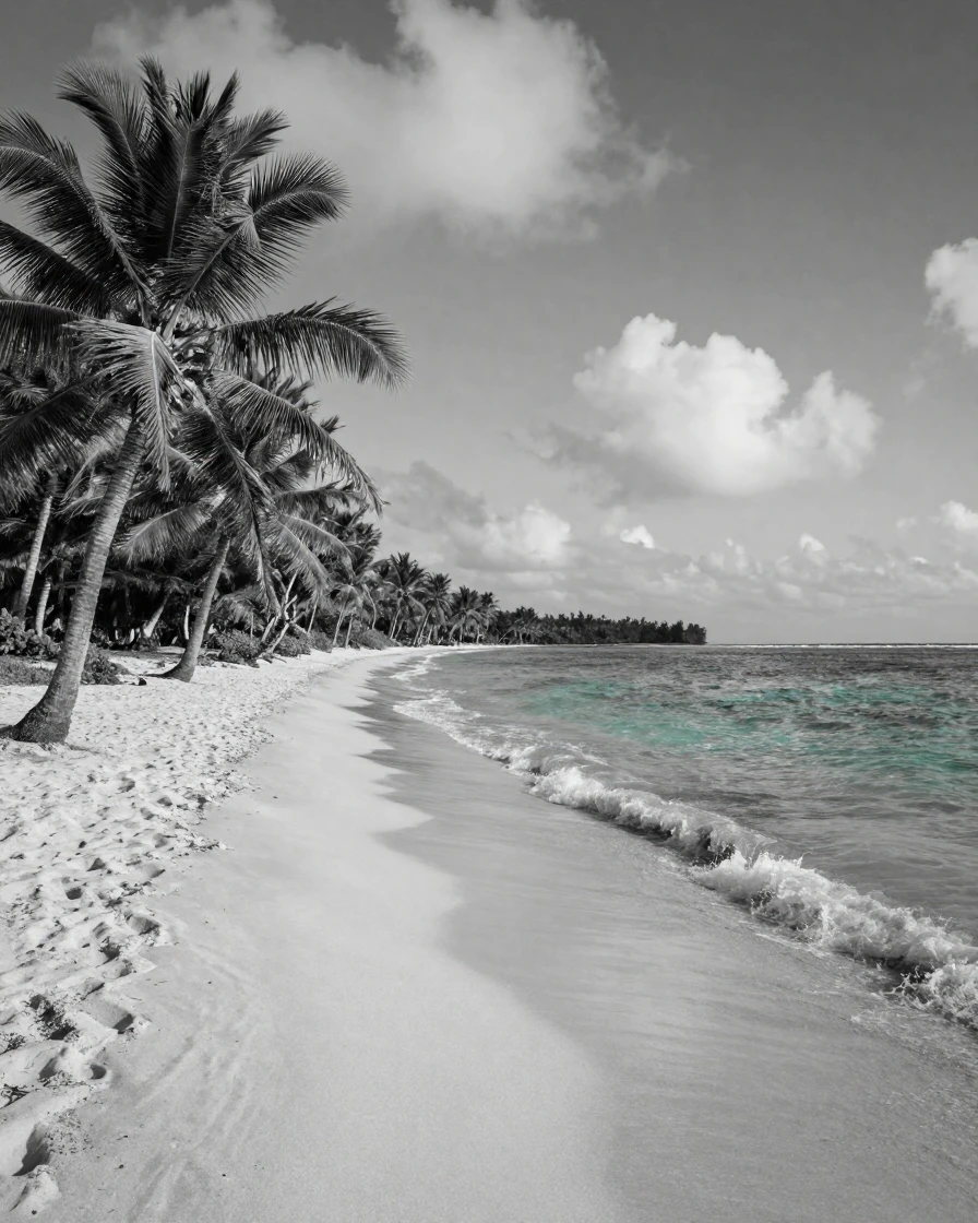 A tropical beach stretches along a turquoise shoreline on a tropical coastline.