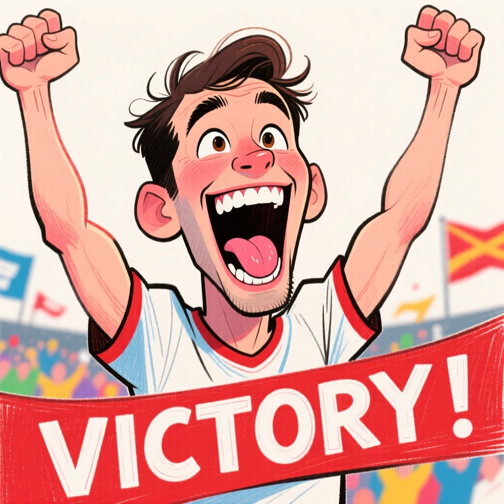 A man mid-cheer after his team scores, arms thrown up in triumph.