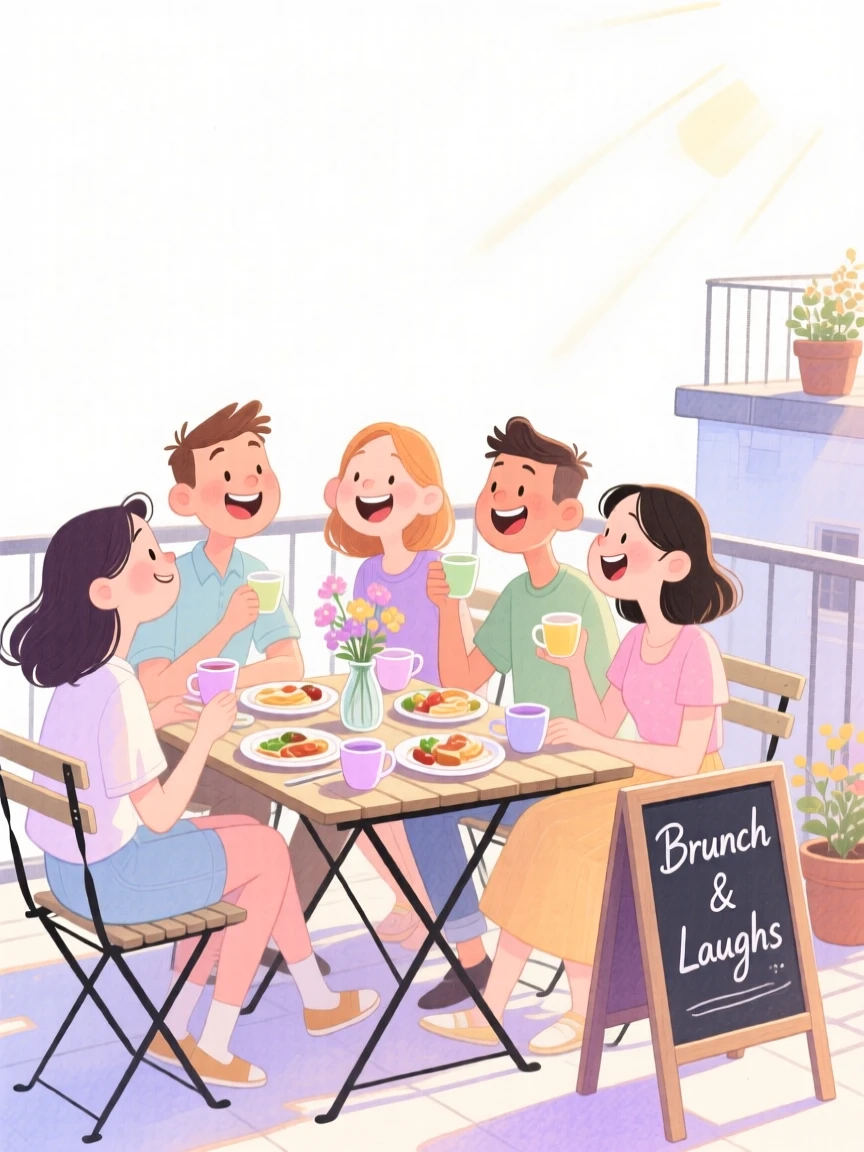 A group of friends at a rooftop party laughing together over brunch at a sunny café