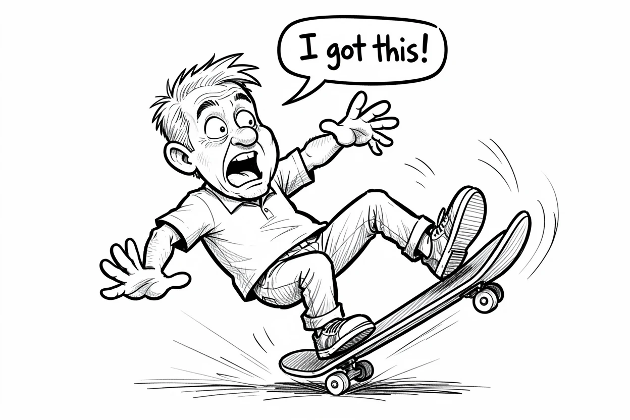 [Funny & Exaggerated Situations] Comical scene of a dad trying to look cool while falling off a skateboard, exaggerated for maximum laughs