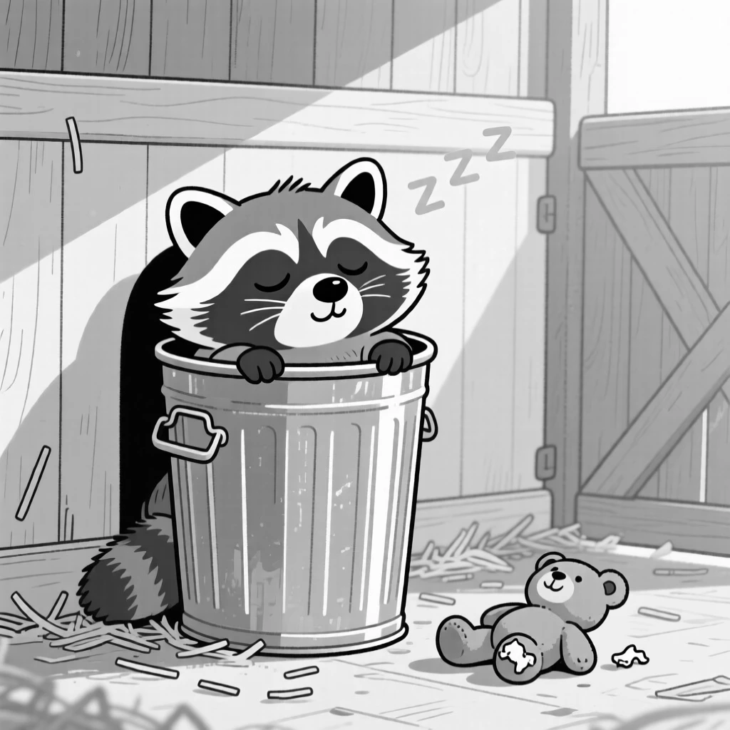 A curious raccoon peeking out of a trash can, snoring loudly despite the awkward position, set in a sunlit barn stall. A half-chewed toy lies forgotten nearby. The image radiates pure comic affection.