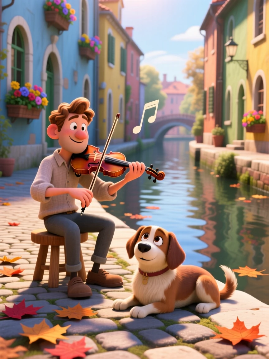 A street musician playing a violin softly is captured along a canal lined with narrow houses, with a friendly dog resting nearby. The atmosphere feels cozy, human, and full of small joys.
