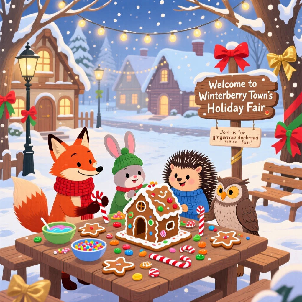 A group of woodland friends gather in a snow-covered town square, decorating gingerbread houses at the kitchen table, while ribbons and bows decorate every corner.