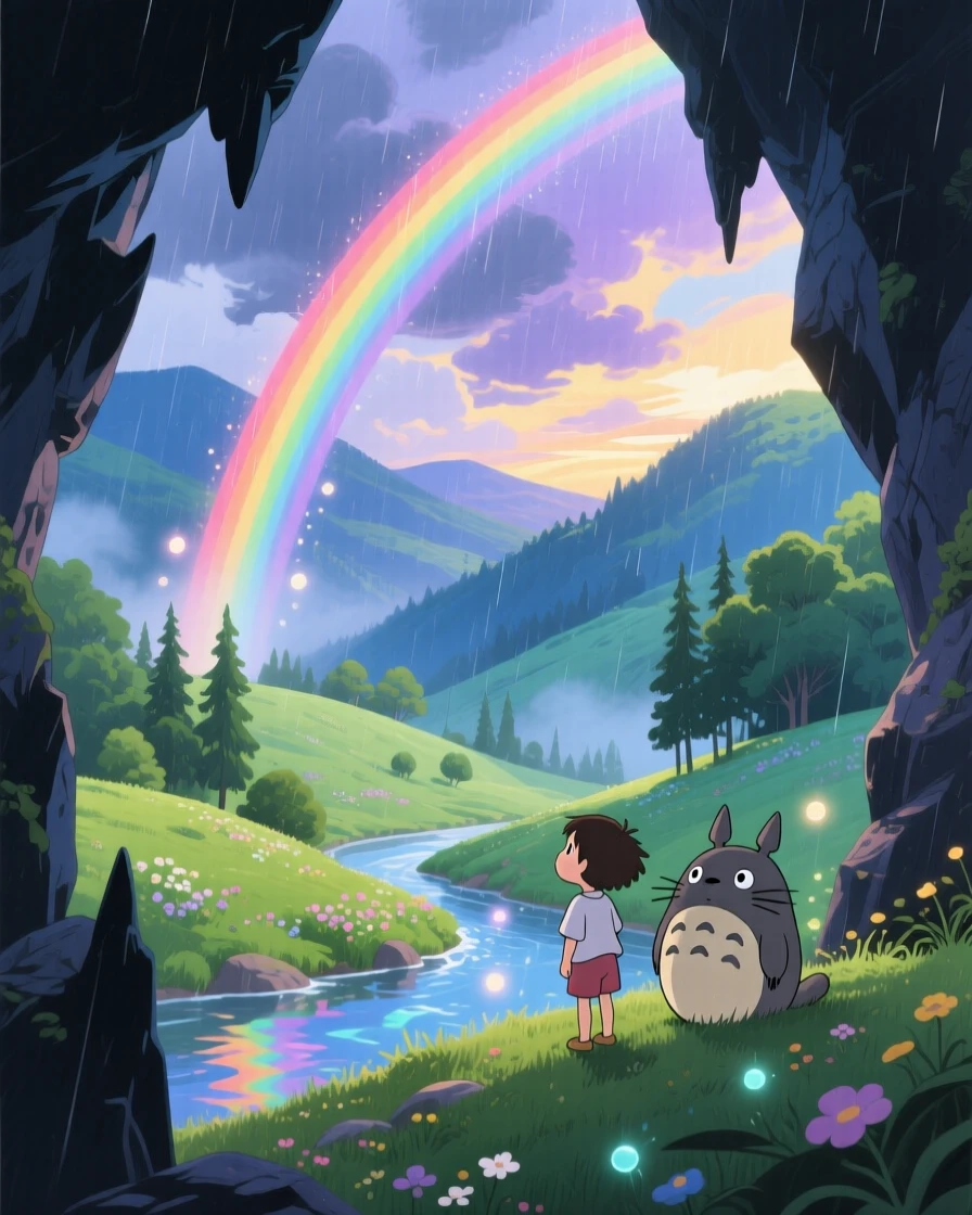A stunning view of a rainbow stretching across a valley after a storm, framed by silhouetted cliffs in the foreground.