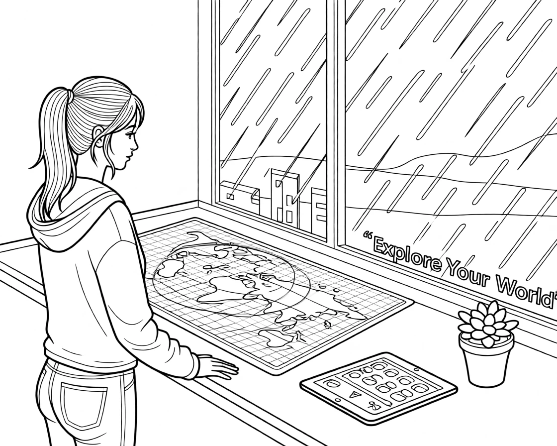 A hologram map projected above a table, with rain streaking down a nearby window.