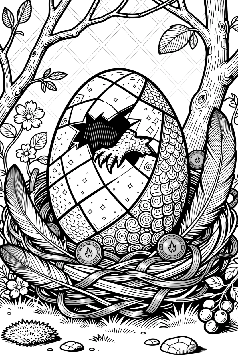 A dragon egg hatching in a nest lined with feathers and gold.