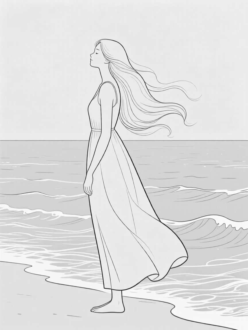 A woman with flowing hair standing at the edge of the ocean