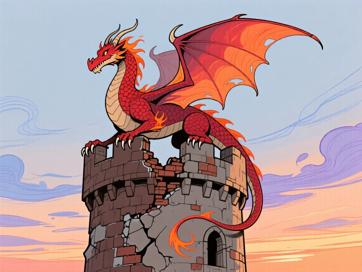 A dragon perched atop a crumbling castle tower at sunset.