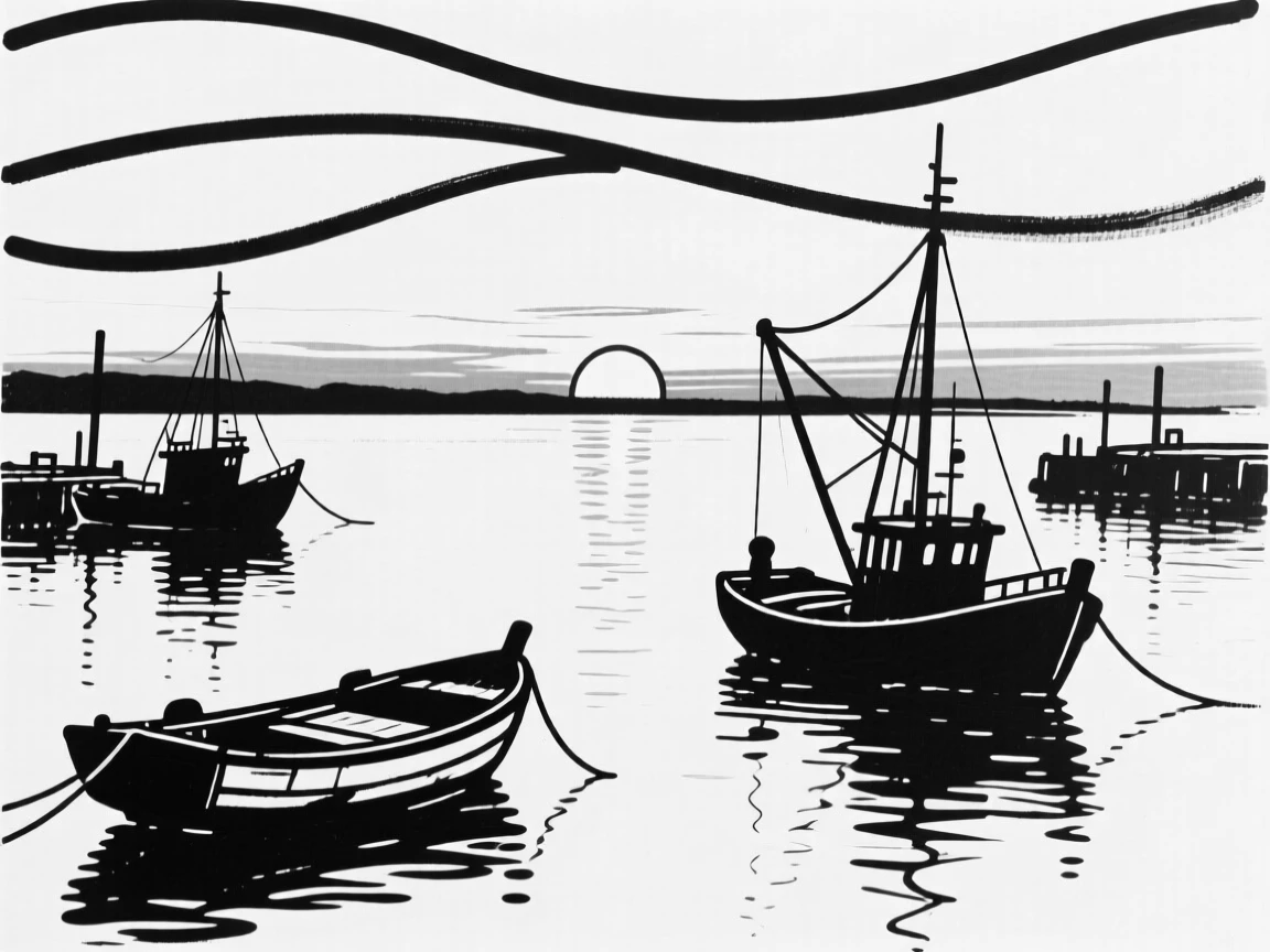A tranquil harbor at sunset with fishing boats silhouetted on calm water.