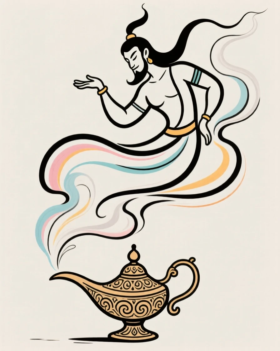 A genie emerging in a swirl of smoke from an ornate lamp.