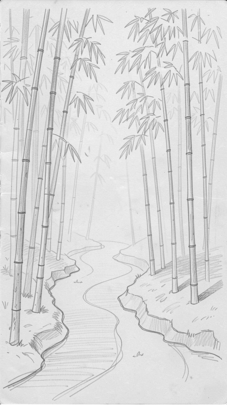 A tranquil bamboo forest, wrapped in soft morning mist, with a winding river cutting through the scene.