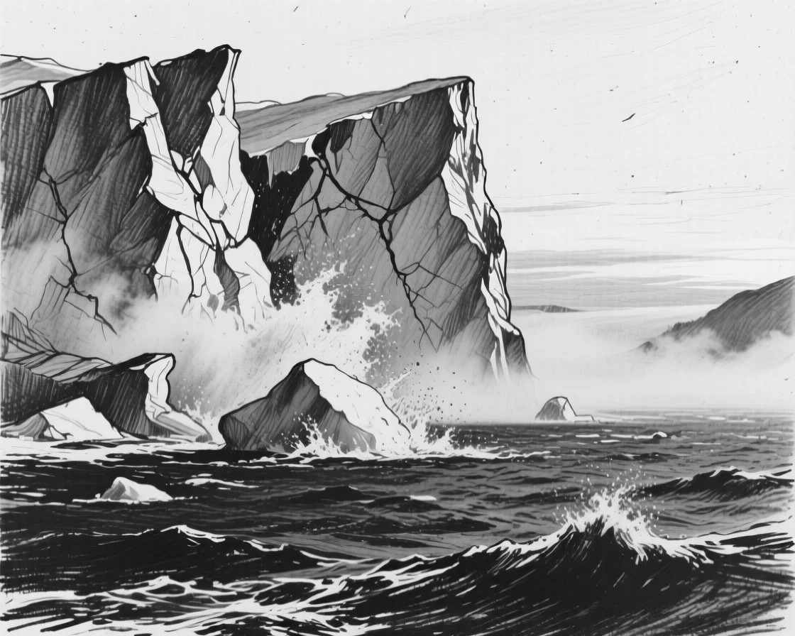 A glacier calving into the sea with mist rising gently at first light.