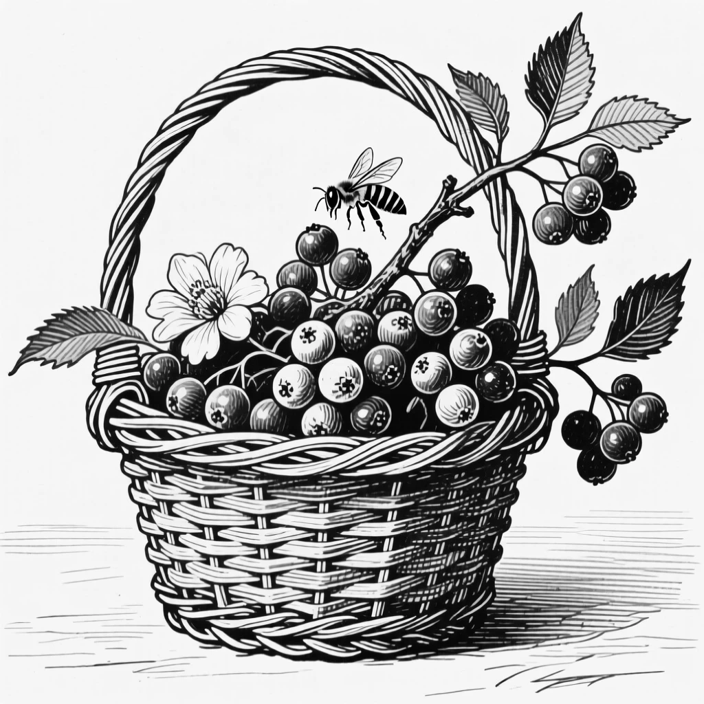 A branch heavy with ripe berries spilling out of a wicker basket, with a bee resting on one bloom, composed in a quietly elegant still-life arrangement.