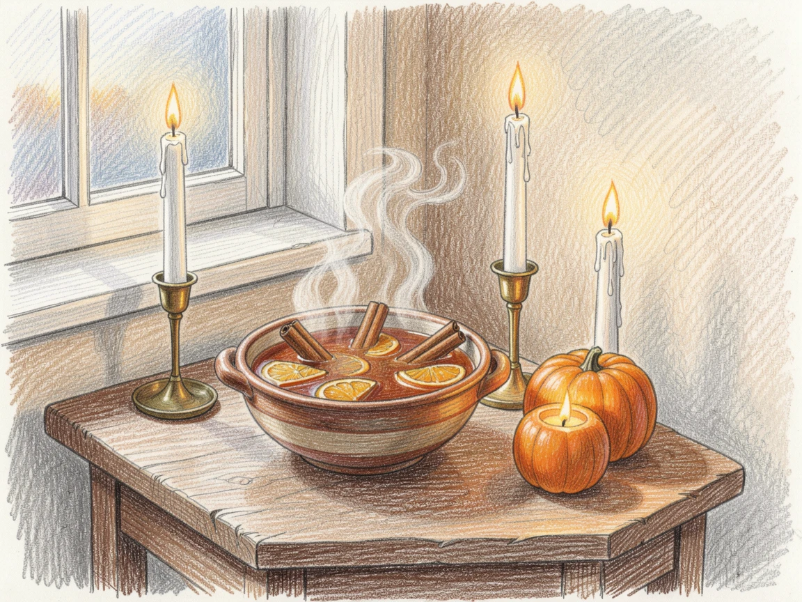 A cozy autumn evening with candles and a bowl of spiced cider, captured in the soft light of early evening, capturing the magic of cherished seasonal traditions.