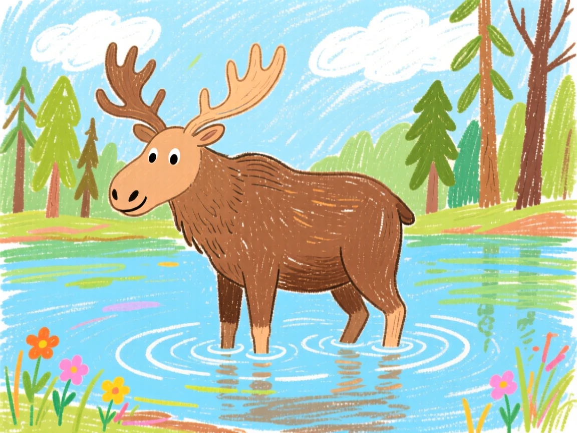 A moose standing knee deep in a still forest lake.