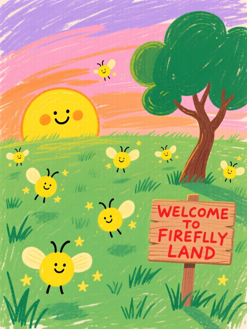 A warm summer evening with fireflies dancing over a quiet lawn.