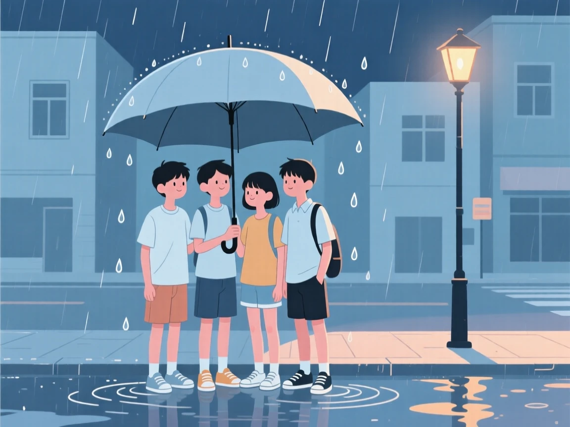 A group of students sharing an umbrella in the rain on a quiet summer evening in the city.