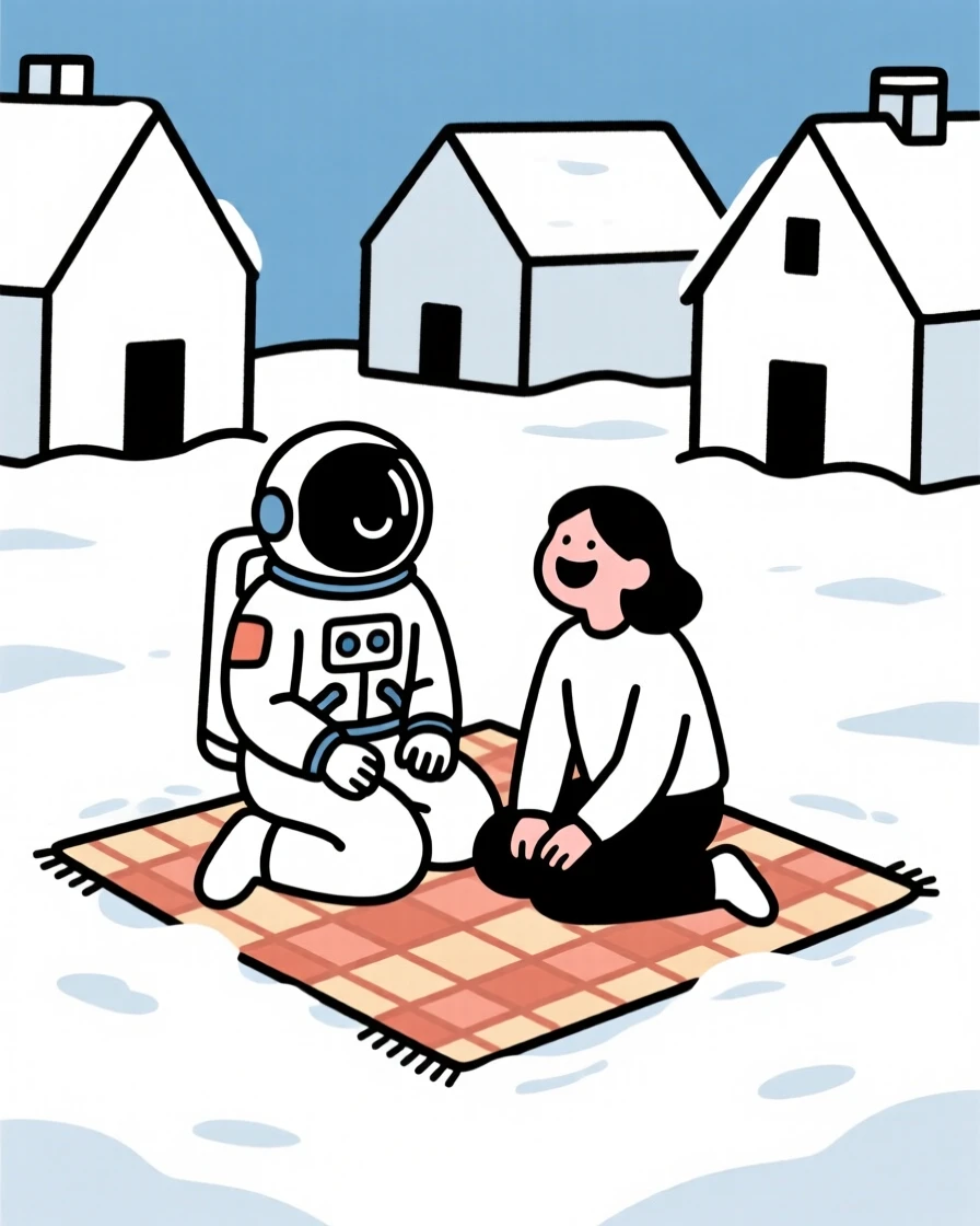 An astronaut laughing together in a snowy village square, surrounded by a woven picnic blanket, conveying warm connection.