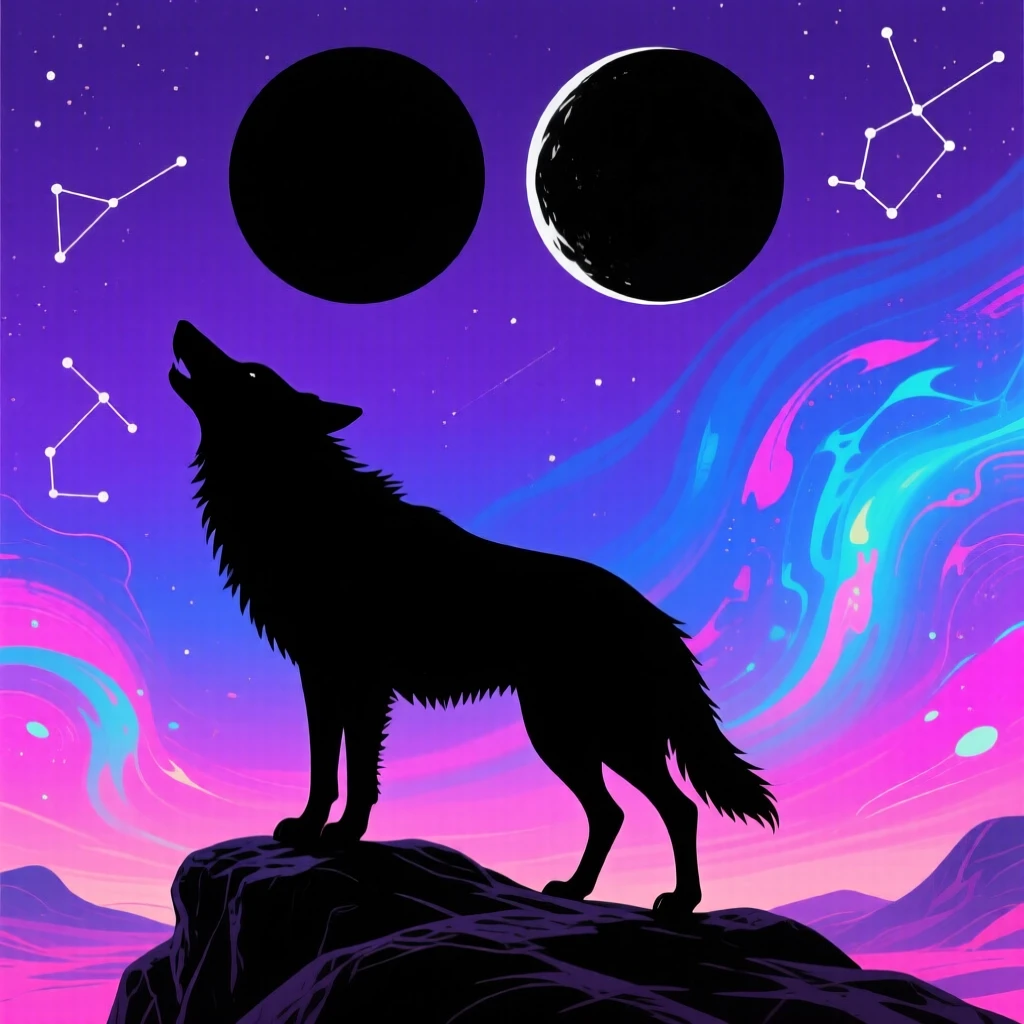 A wolf howling beneath two moons in a strange alien sky.