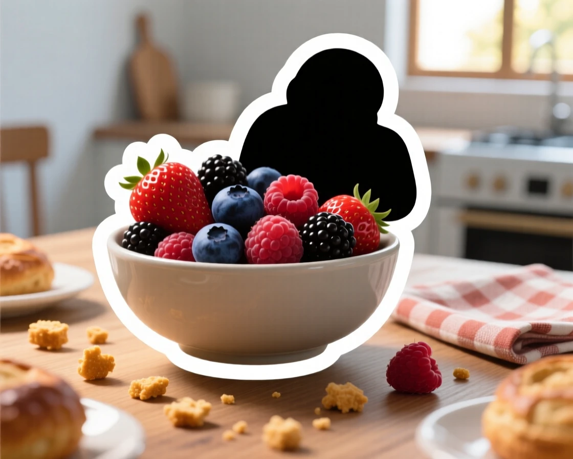 A cozy and comforting bowl of fresh mixed berries, surrounded by scattered crumbs, in a cozy kitchen during breakfast.