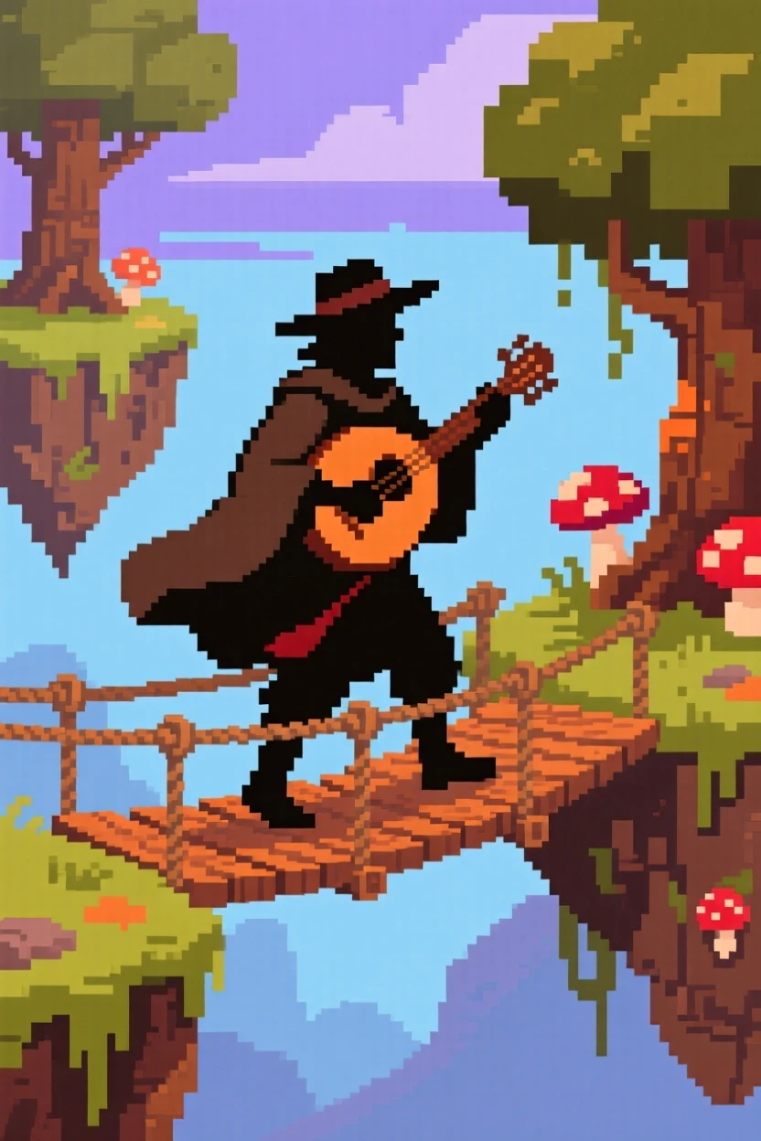 A traveling bard with a lute crossing a rope bridge between floating islands, in an ancient enchanted forest.