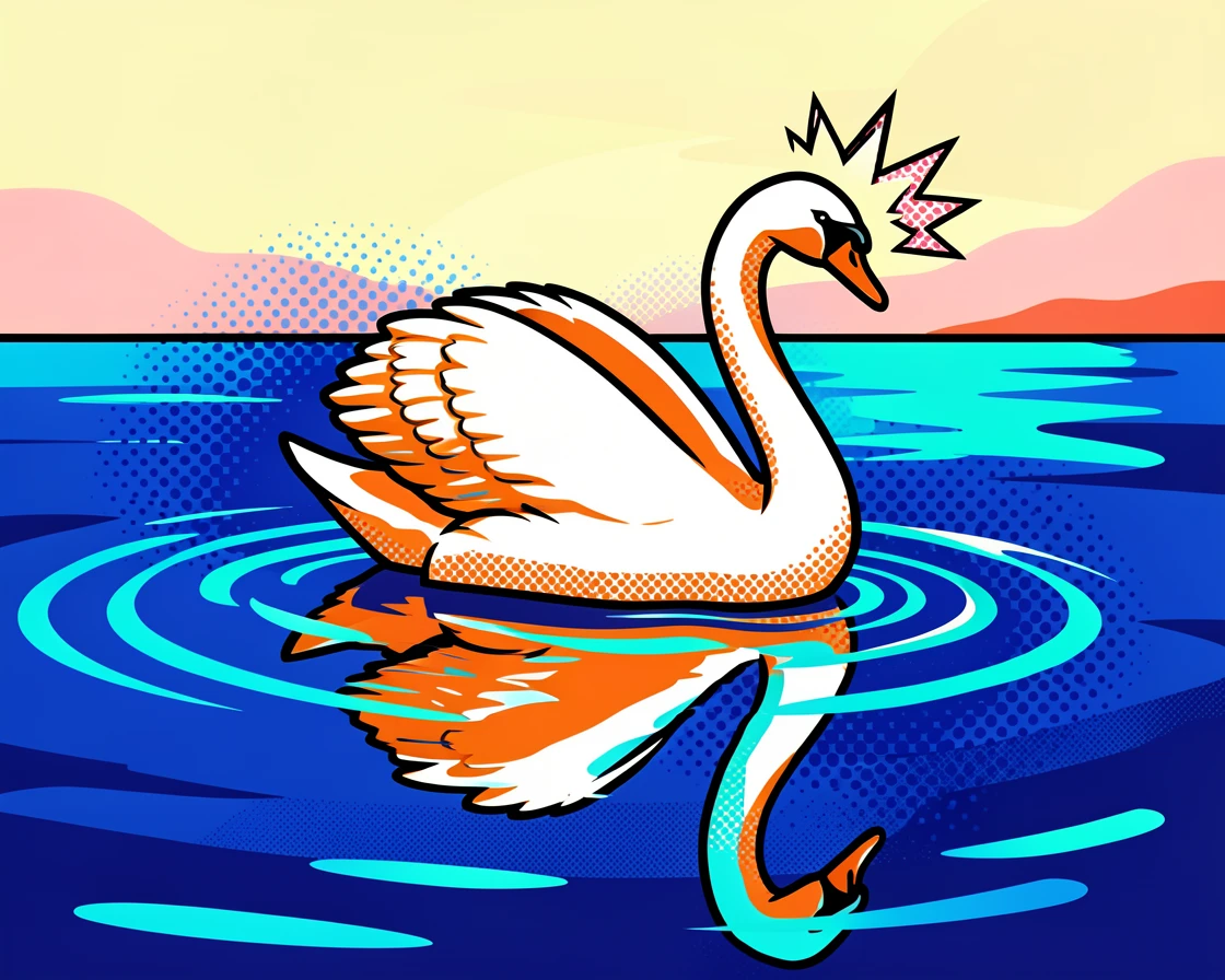 A swan gliding gracefully across a glassy lake