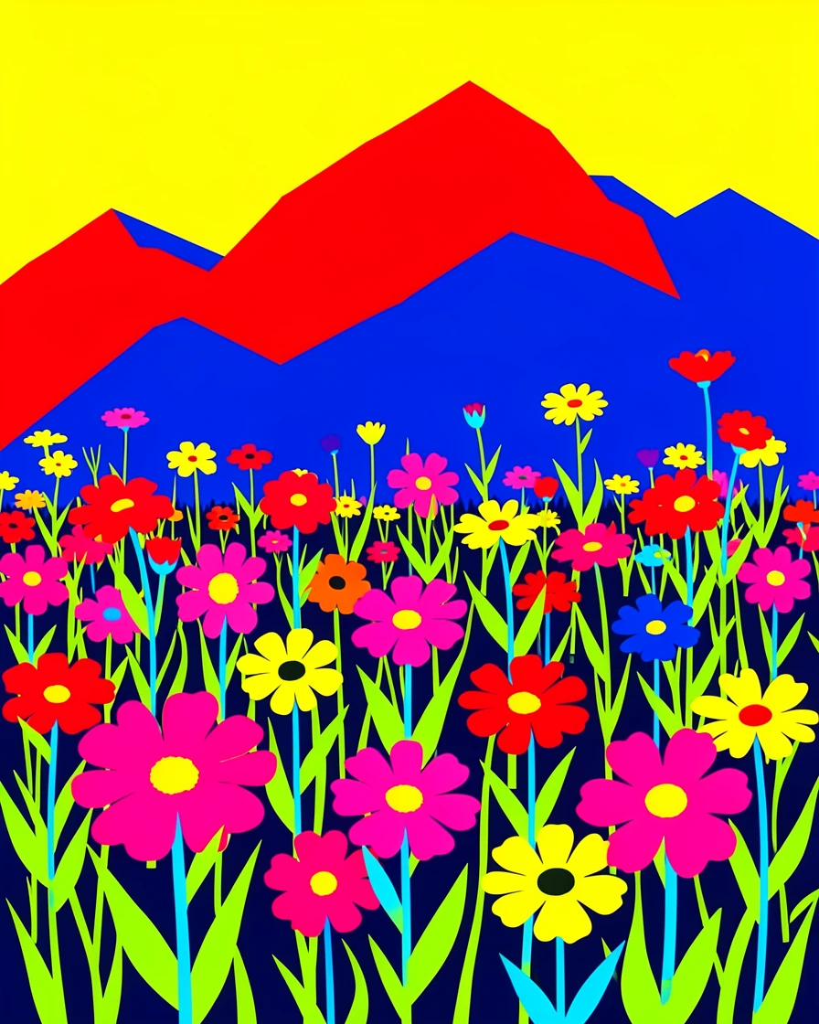 Wildflower meadow beneath a mountain range