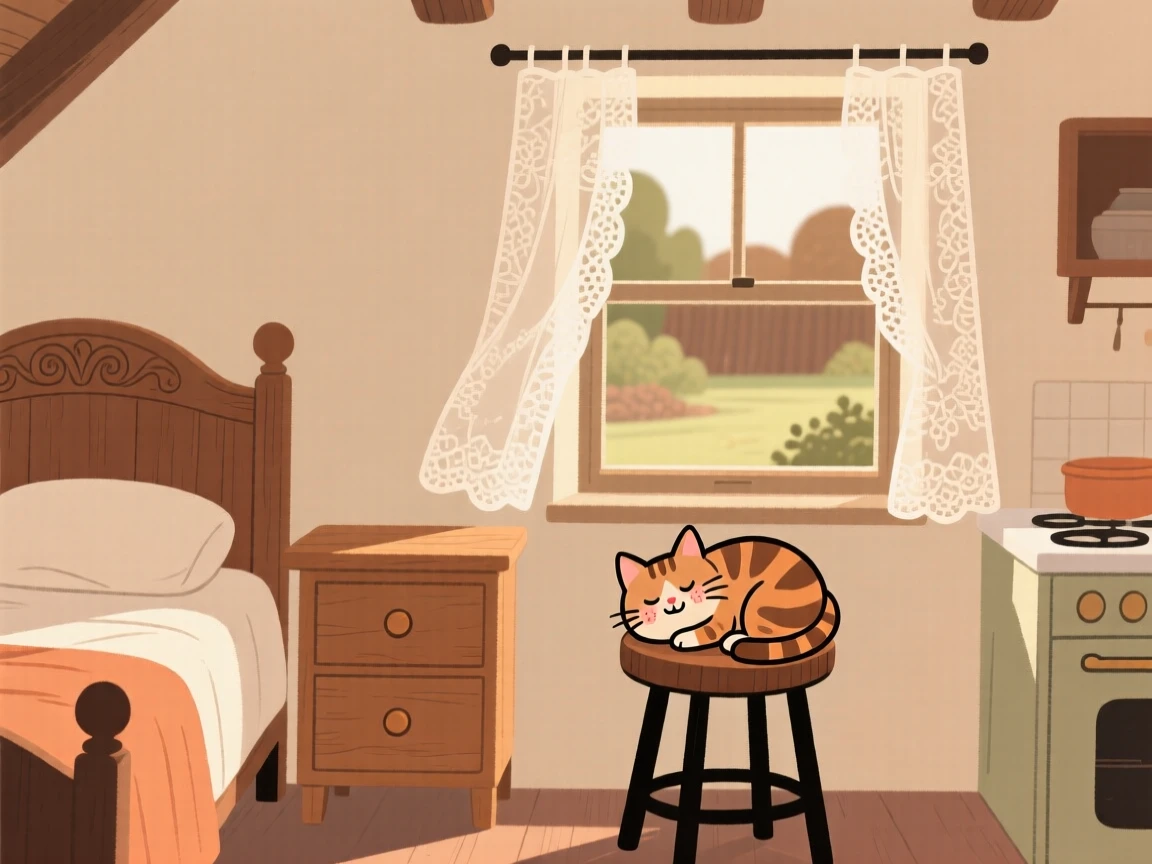 Morning light spills across a cottage bedroom filled with vintage furniture and lace curtains, where a tabby kitten naps peacefully on the kitchen stool.
