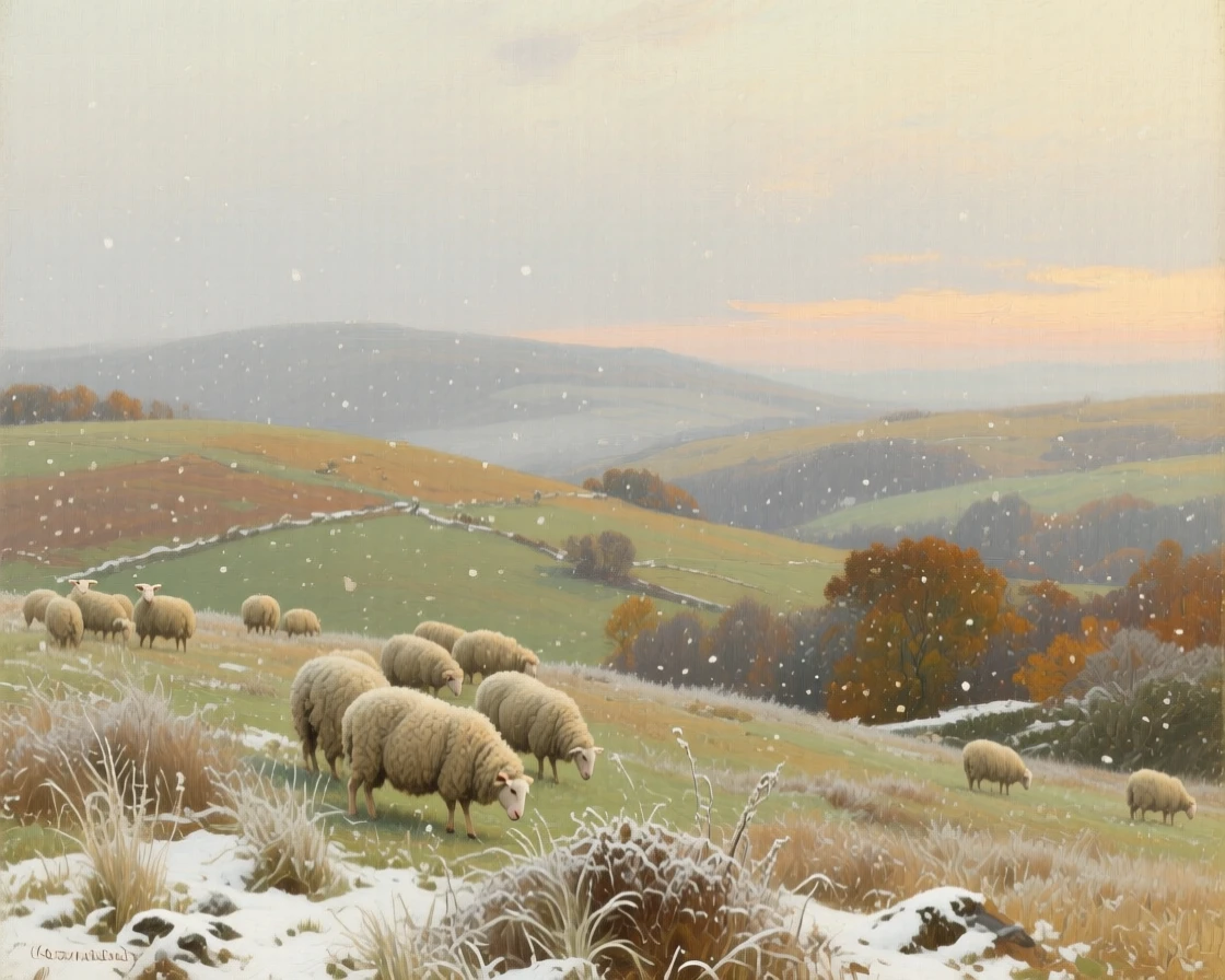 A broad landscape view of rolling countryside hills dotted with grazing sheep, in gentle falling snow, during the first frost of autumn.