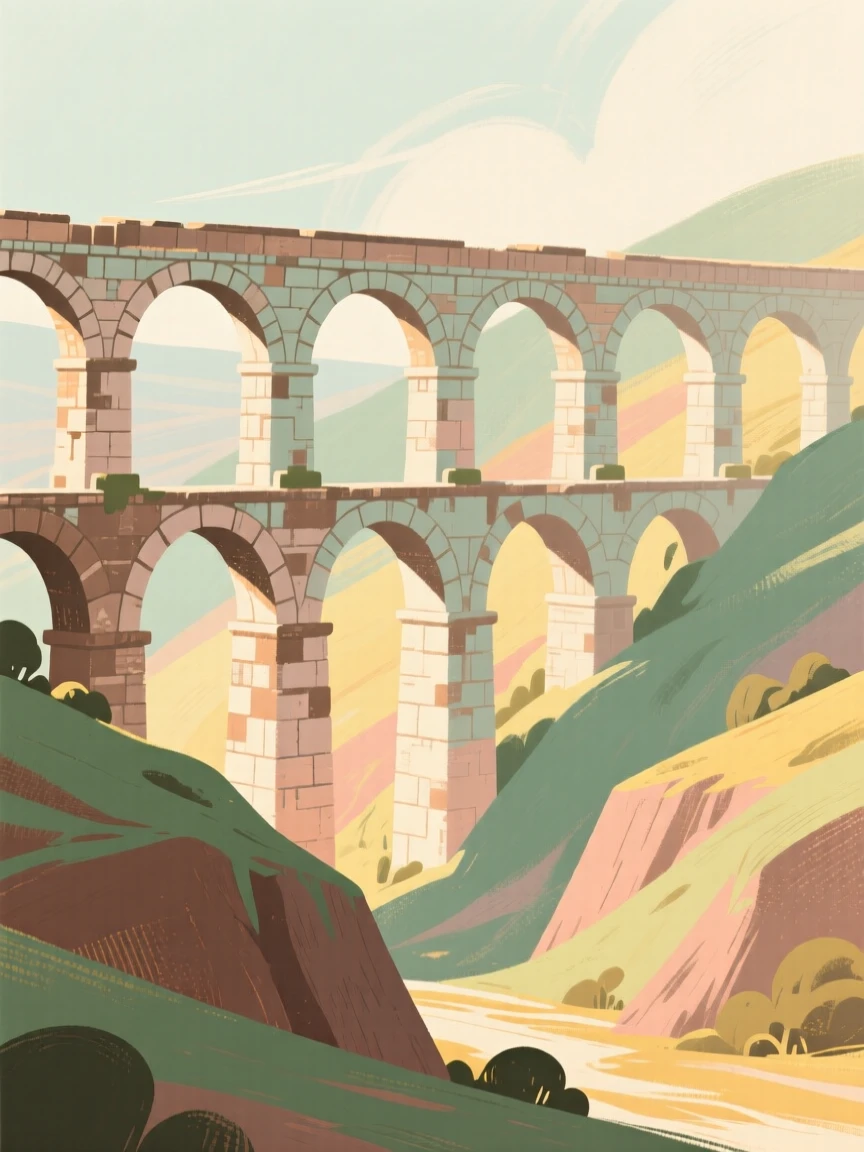 The ancient aqueduct arches crossing a sun-drenched valley