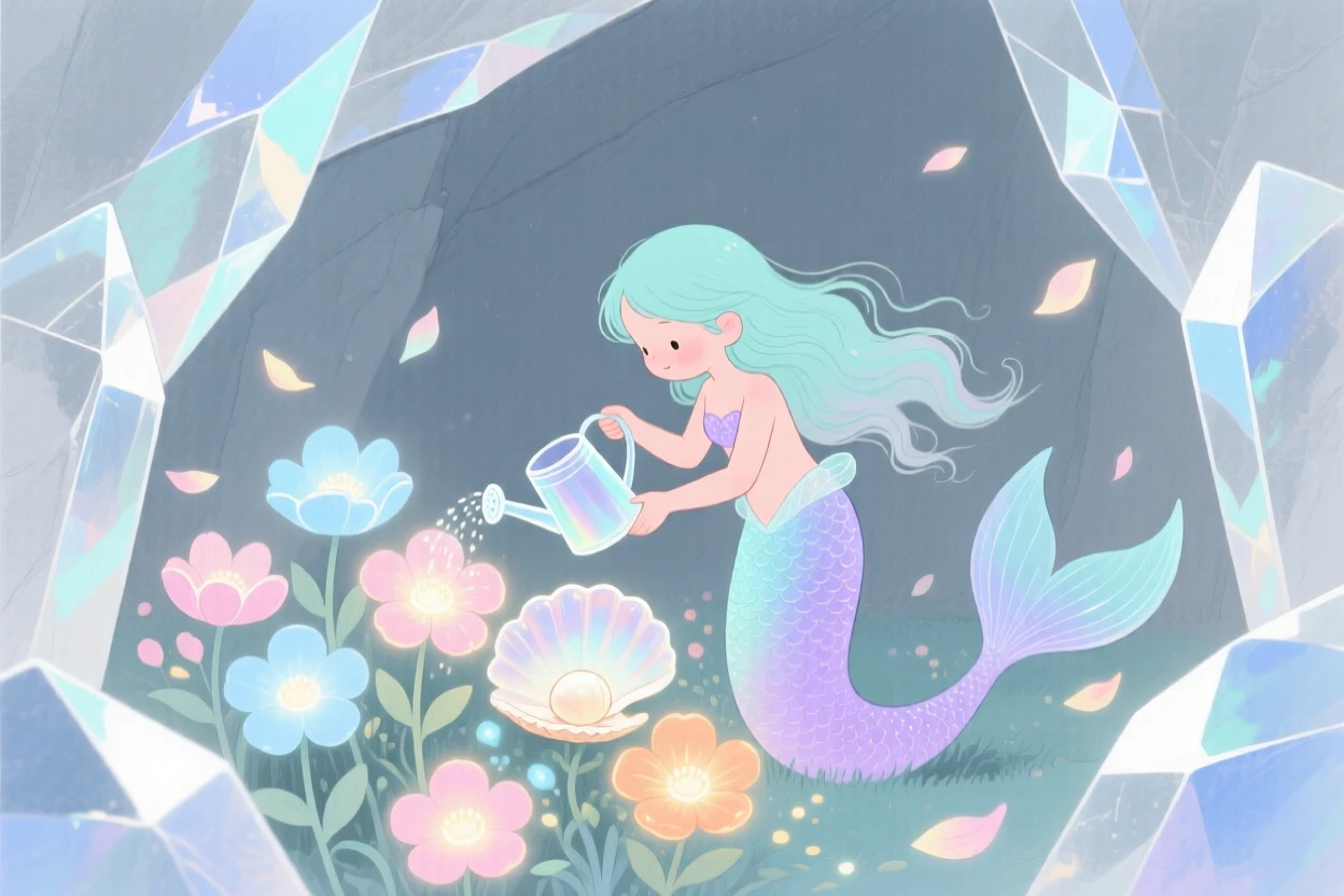 A tiny tiny mermaid waters a garden of luminous flowers in a crystal cave glowing softly, surrounded by softly glowing petals