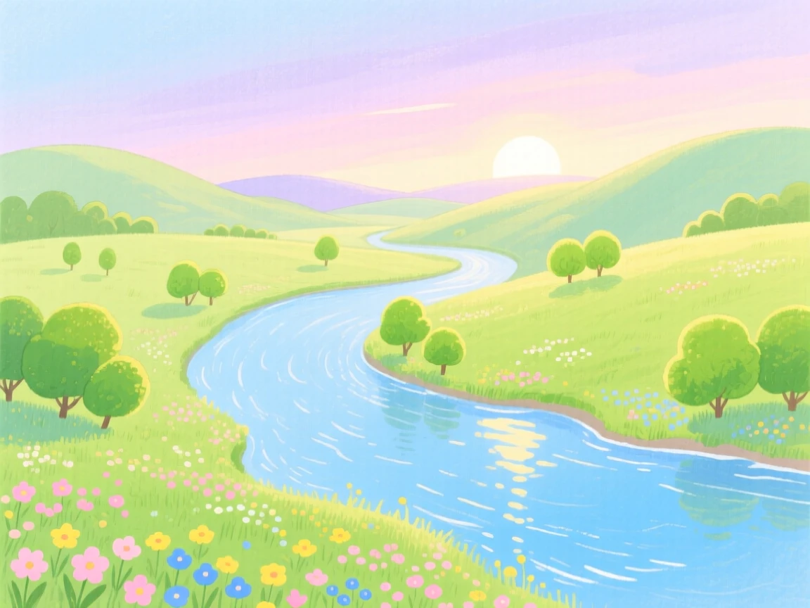 A panoramic scene of a winding river through a lush green valley at first light in spring.