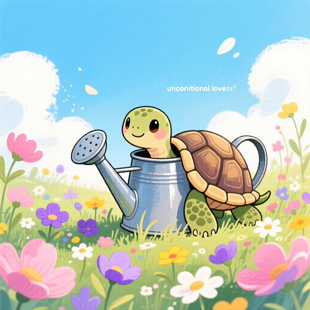 A tiny turtle peeking out of a garden watering can, set in a meadow bursting with wildflowers under a blue sky, showing unconditional love and loyalty.