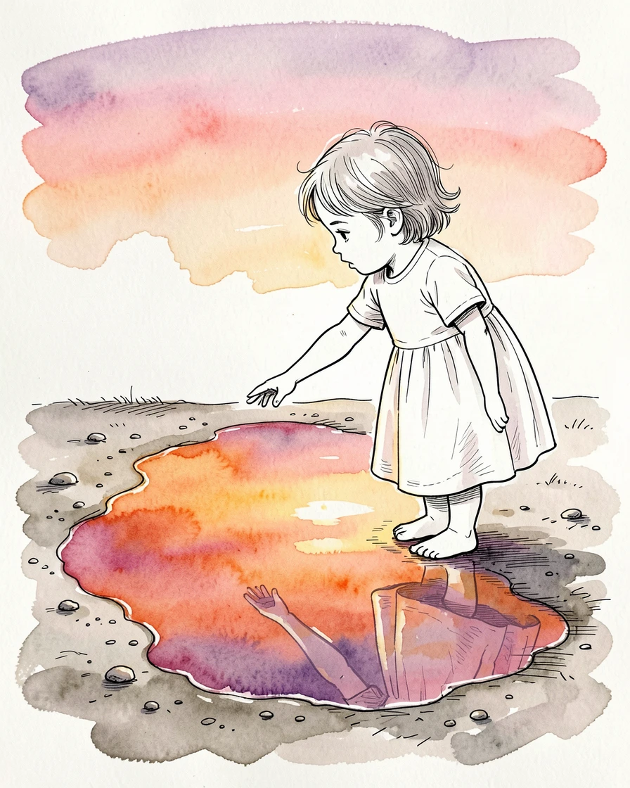 A child reaching up to touch her reflection in a puddle mirroring a colorful sunset