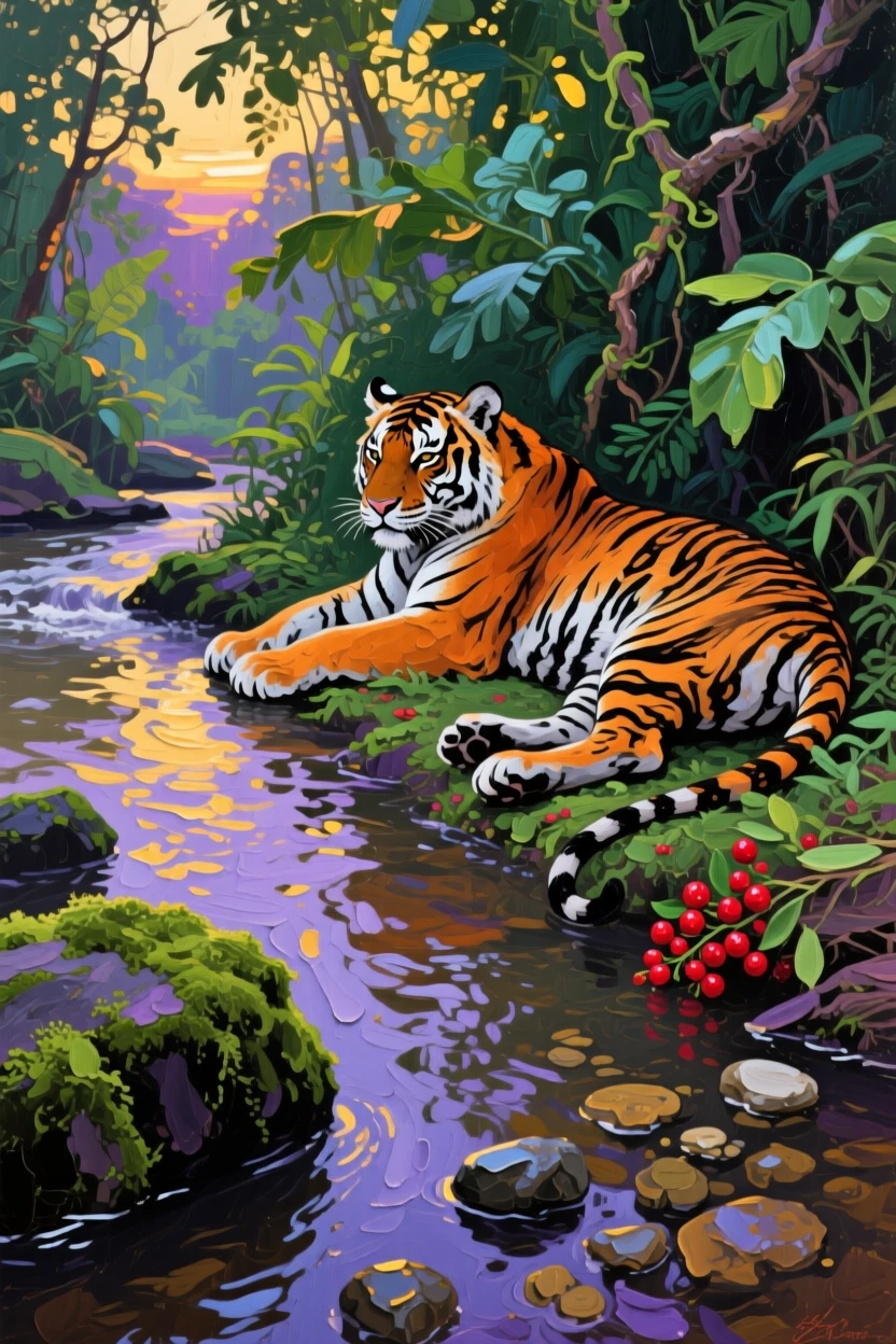 a tiger resting beside a jungle stream, in quiet evening light, composed along a natural leading line.